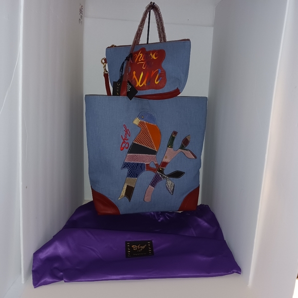 Sharif Animal Melange Denim & Leather Patchwork Tote with Cosmetic Bag, NWT - Picture 1 of 13